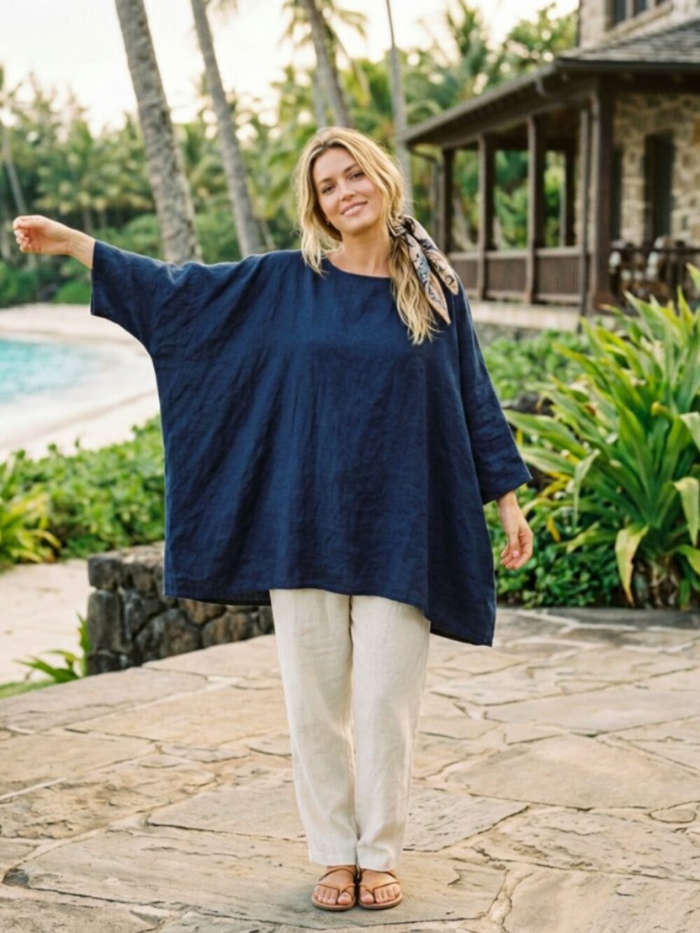 Elizabeth Suzann Harper Blue Navy Linen Oversized Linen Tunic Os